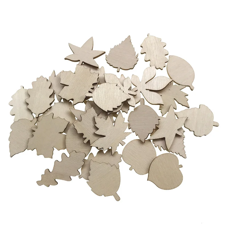 50pcs 30mm Unfinished Wooden Leaves Craft Blank Leaf Shape Cutout Ornament for Thanksgiving Fall Party DIY Decor