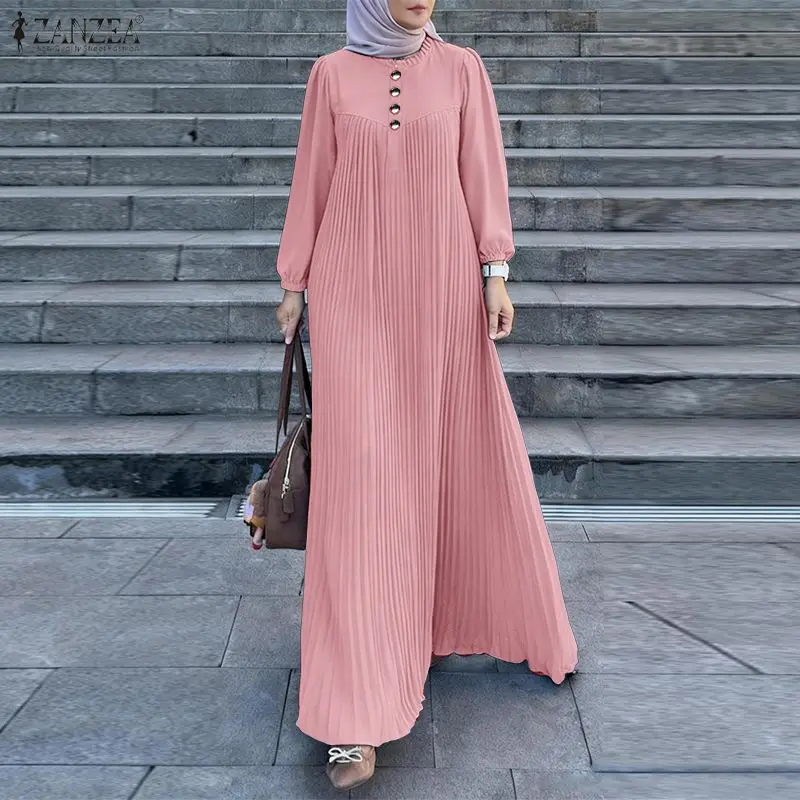 

ZANZEA Мусульманское женское скромное плиссированное длинное платье с оборками, круглым вырезом, длинными рукавами, однотонное, абайя, исламские хиджабы, женский кафтан