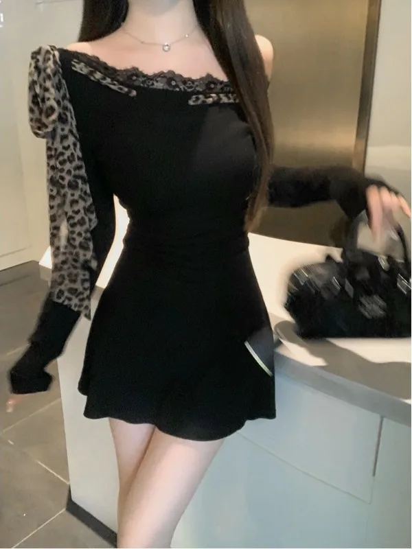 

Платье с кружевными вставками и открытыми плечами Pure Desire, женское, осенний дизайн, с леопардовым принтом, с завышенной талией, короткая юбка, сексуальный женский стиль