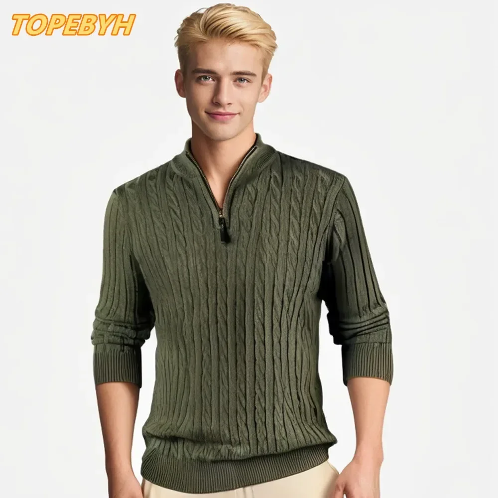 Sweater pria, Sweater lelaki Polo leher O, Turtleneck rajut kasual, Slim Fit, sweter ritsleting