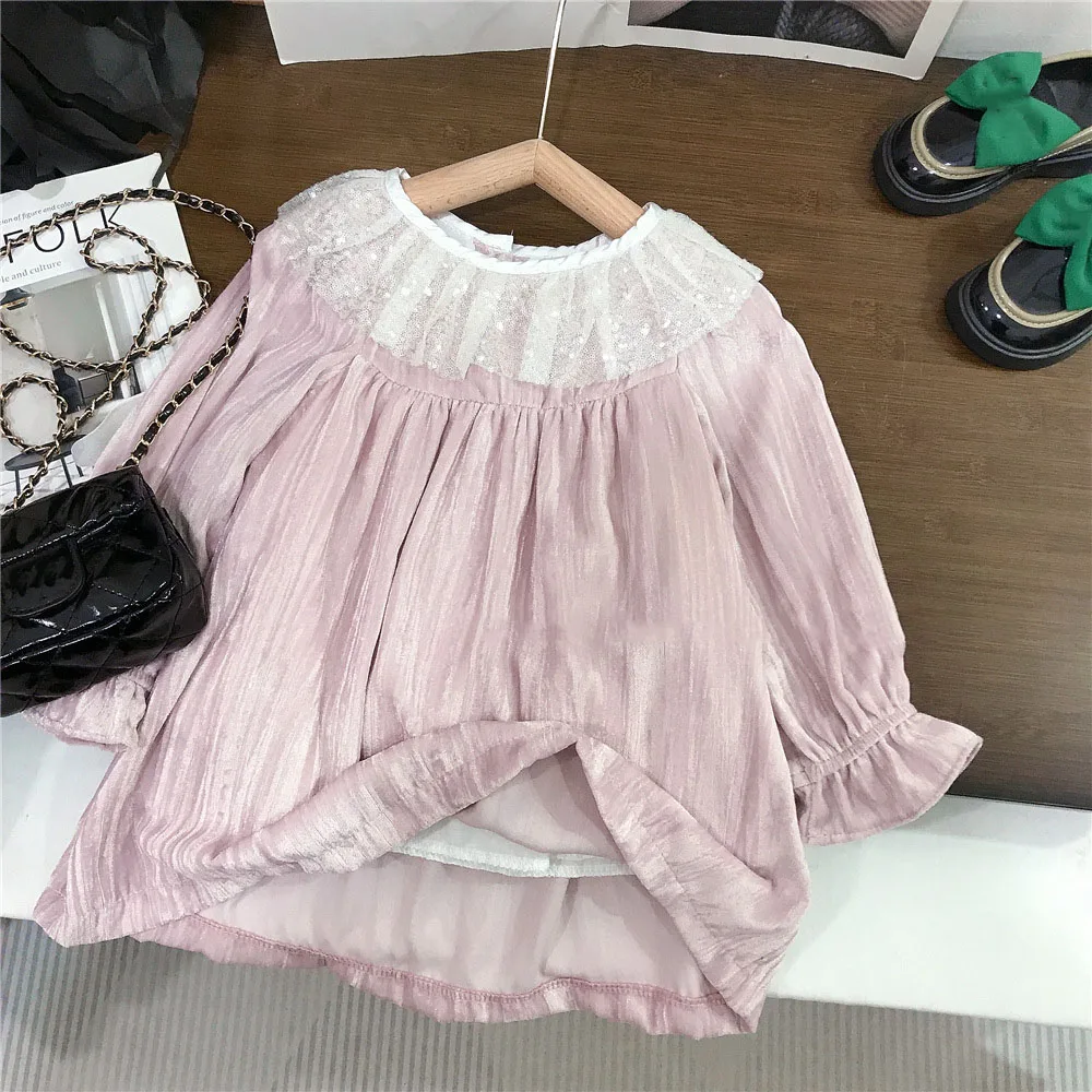 Girls Sweet Pink Velvet Dress Shiny Sequins O-neck Long Sleeve A-Line Velour Frocks 2025 Spring New Kids Outfit Vestidos 2-8Y