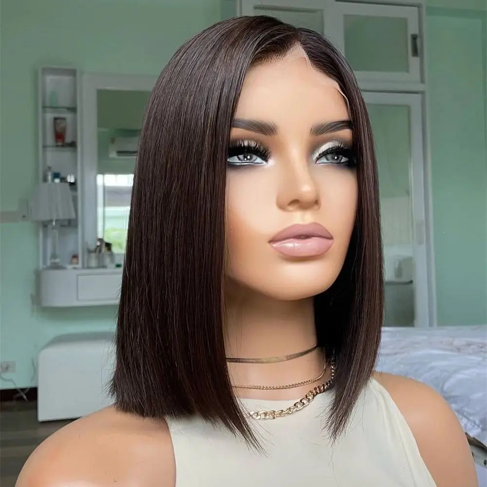 

Короткий парик-боб с естественной линией роста волос, темно-коричневый, прямой, мягкий, с кружевной передней частью, для женщин, из синтетического волокна, брюнетский парик, реалистичный вид