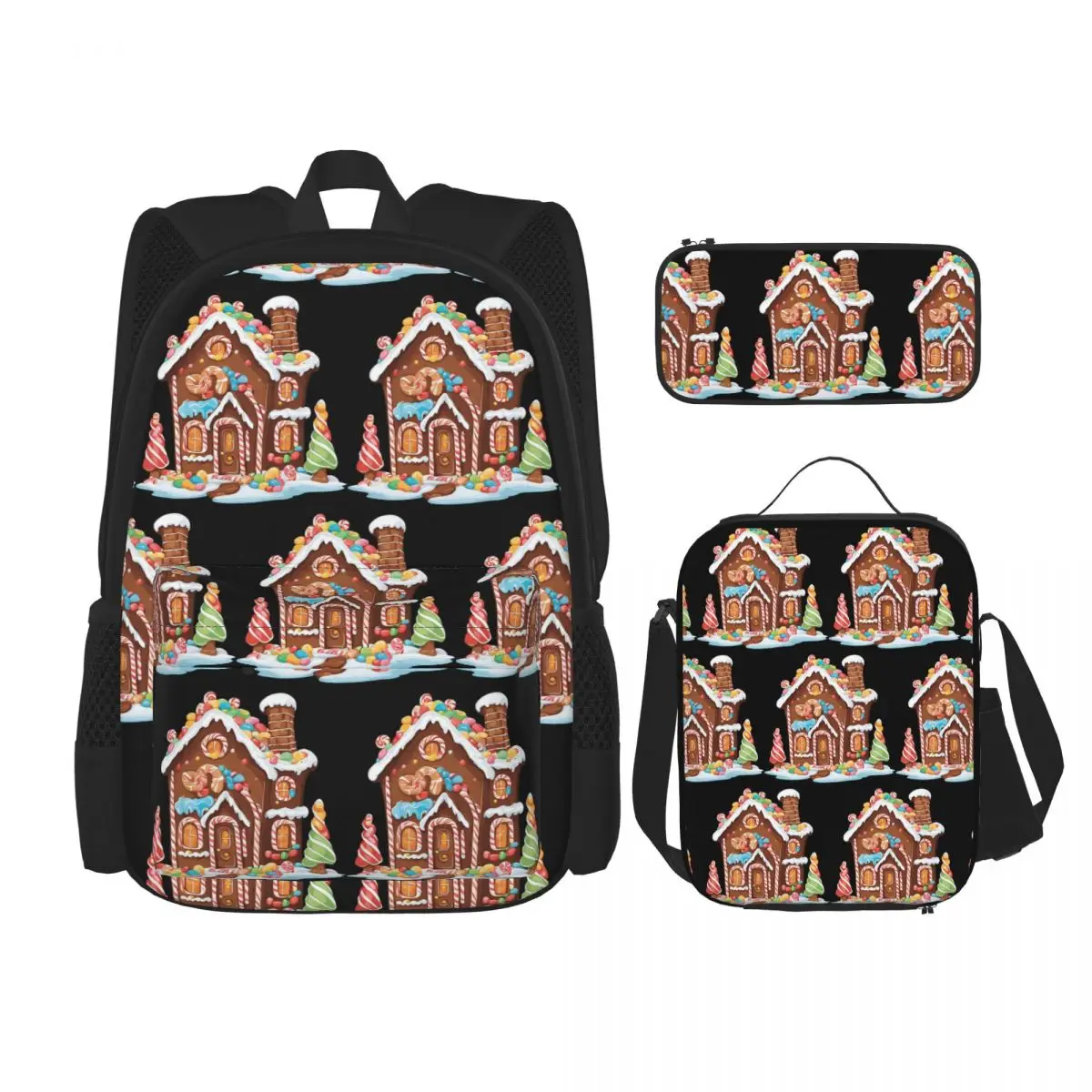 Whimsical Gingerbread House Full Of Joy Backpacks Boys Girls Bookbag School Bags Rucksack Lunch Bag Pen Bag Three-Piece Set