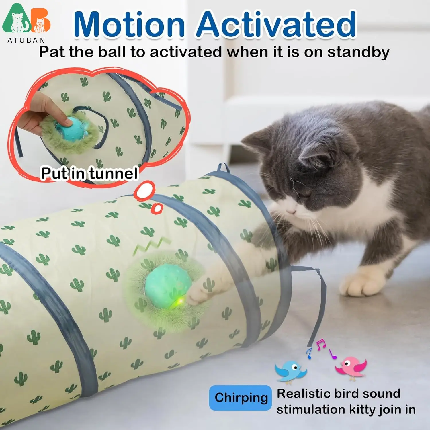 ATUBAN-Interactive Cat Tunnels with Automatic Ball,Glowing Chase, Motion Activated, Interactive Cat Toy, Cave Gaming