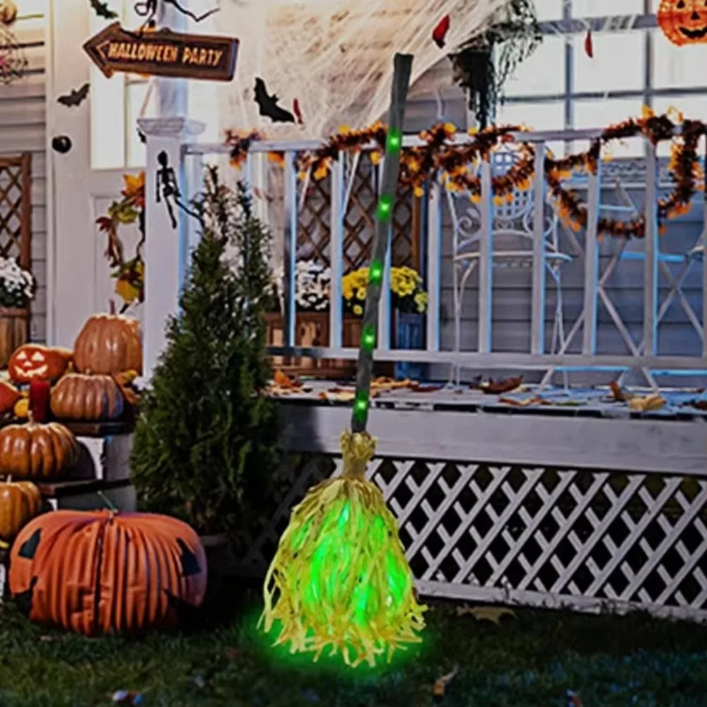 Straw Tassel Animated Witch Broom Light Up Spooky Sounds Dancing Broom Decoration Walking Feet Bendable Handle