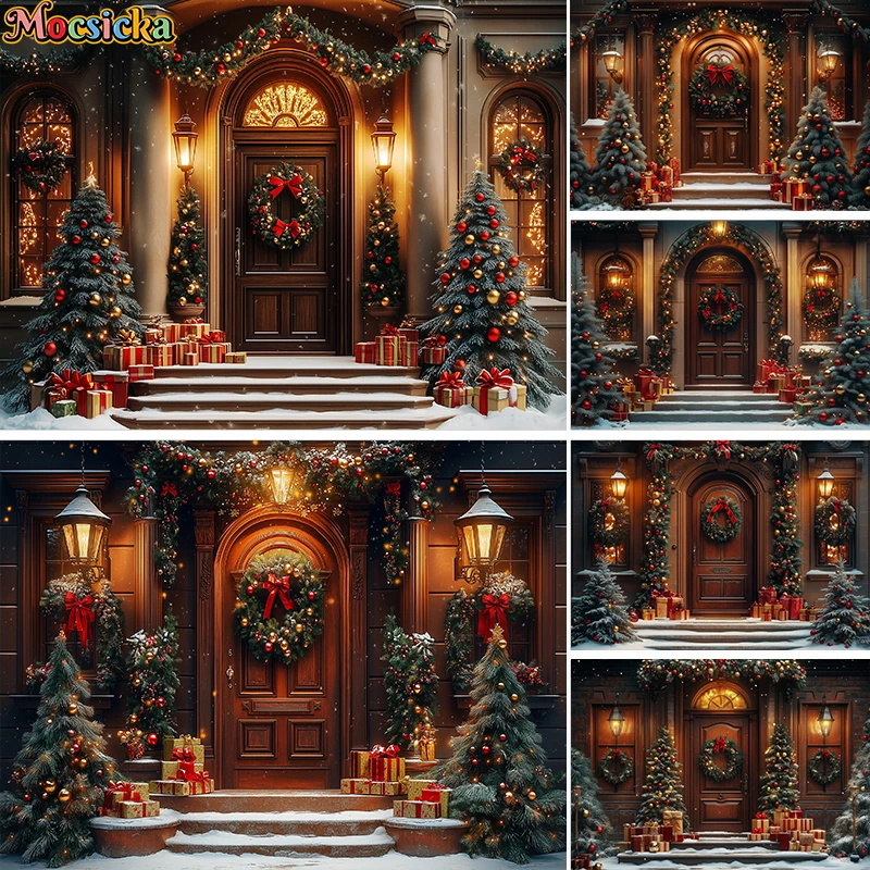 

Mocsicka Christmas Backdrop Photography Wooden Door Winter Glitter Xmas Tree Decor Holiday Party Kids Portrait Photo Background