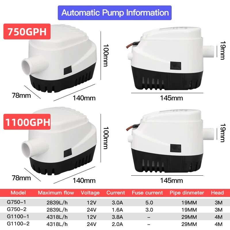 12V 24 V 110V 220 V 750GPH 1100GPH automatyczna pompa zęzowa do łodzi Auto przełącznik pływakowy DC elektryczna zanurzeniowa 12 24 V 220 V