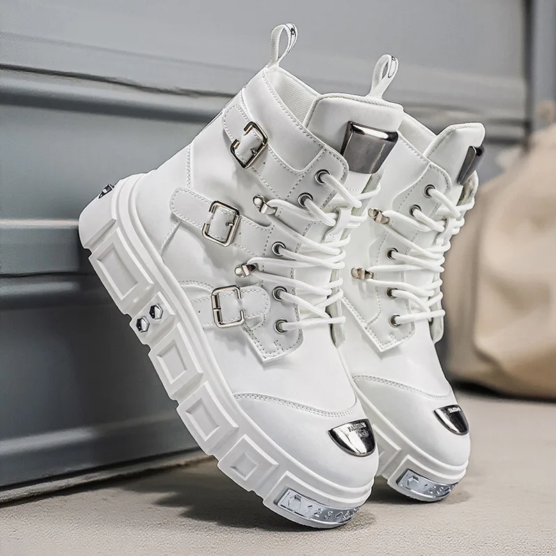 Men's Leather Thick Soled Workwear Short Boots Trendy Brand Personalized and Cool Motorcycle Boots High Top Outdoor Sports Shoes