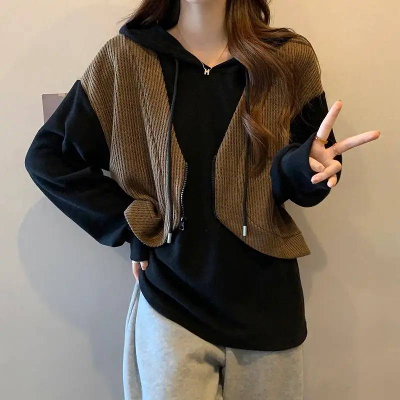 New Style Autumn and Winter Women\'s Contrasting Color Hooded Long Sleeve Fake Two Pieces Oversized Fashionable Casual Tops