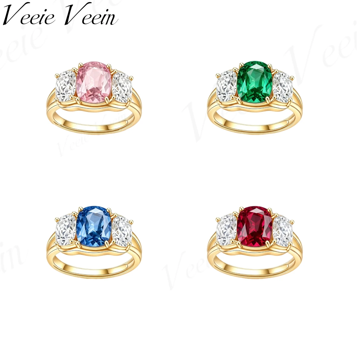 Veeie Veein Jewelry Solid S925 Silver Three-Stone Ring Lab Grown Pigeon Blood Ruby Royal Blue Sapphire Emerald Ring