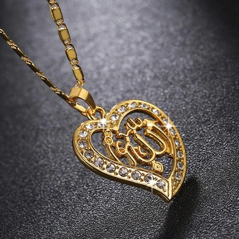 Exquisite Islamic Allah Inlaid Zirconia Heart Shape Pendant Necklace for Women Arabic Muslim Amulet Jewelry Ramadan Gift