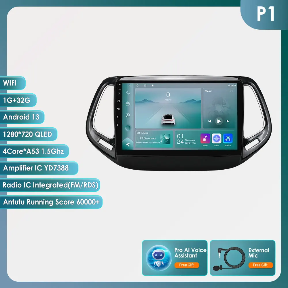 Hizpo Auto Android 14 voor Jeep Compass 2017-2020 Auto Radio Multimedia Speler GPS Navigatie Carplay Stereo 4G BT Geen 2din DVD AI