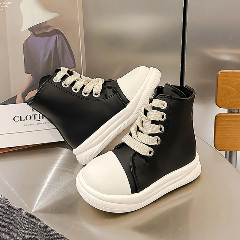 Designer Style Black White High Top Sneaker For Kids Thick Sole  Lace-up Big Toe Casual Leatherette Boots Boys Girls Brand Shoes