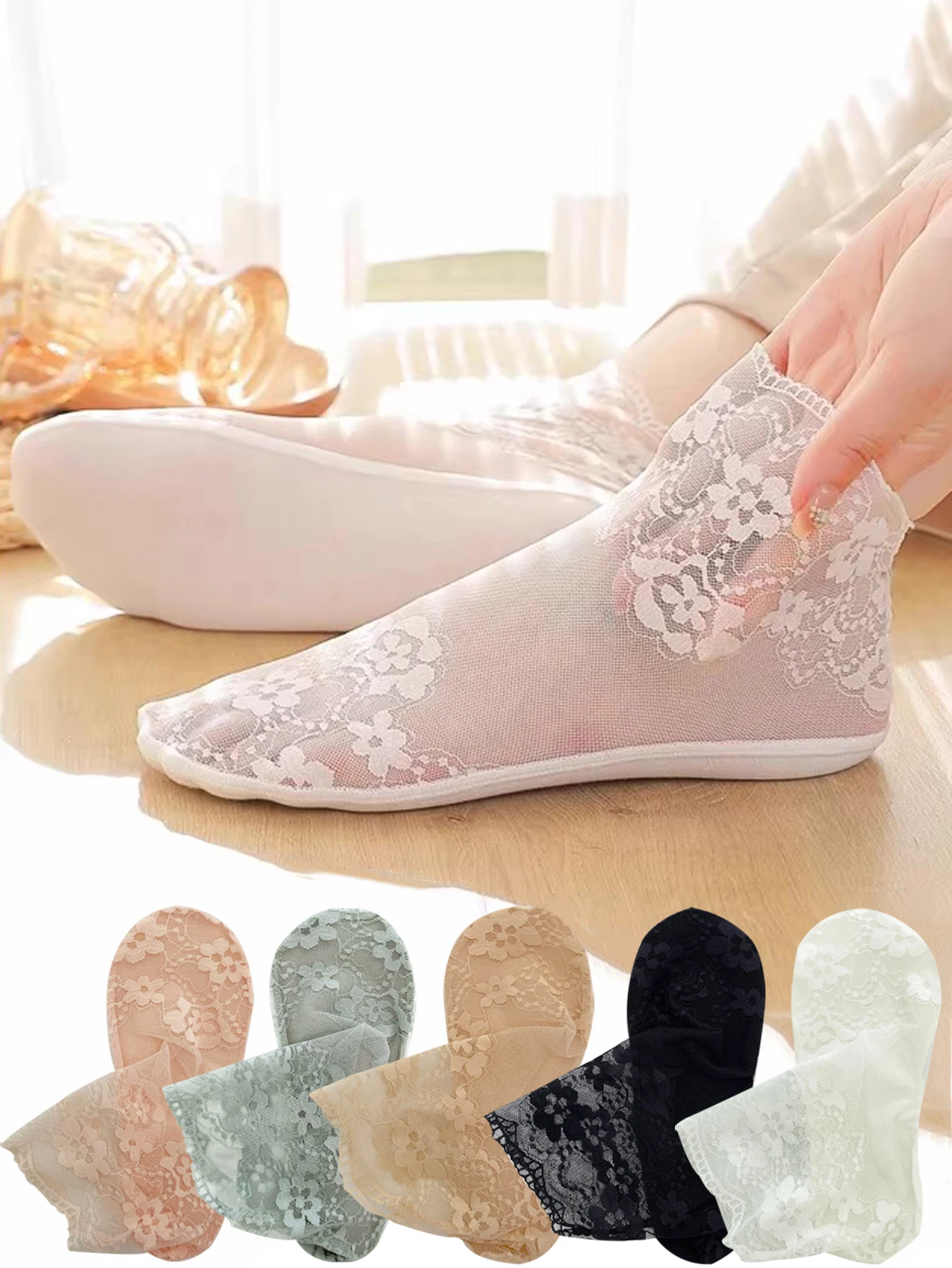 5 Pairs Women'S Boat Socks Summer Thin Hollowed-Out Mesh Permeable See Through Anti Slip Socks