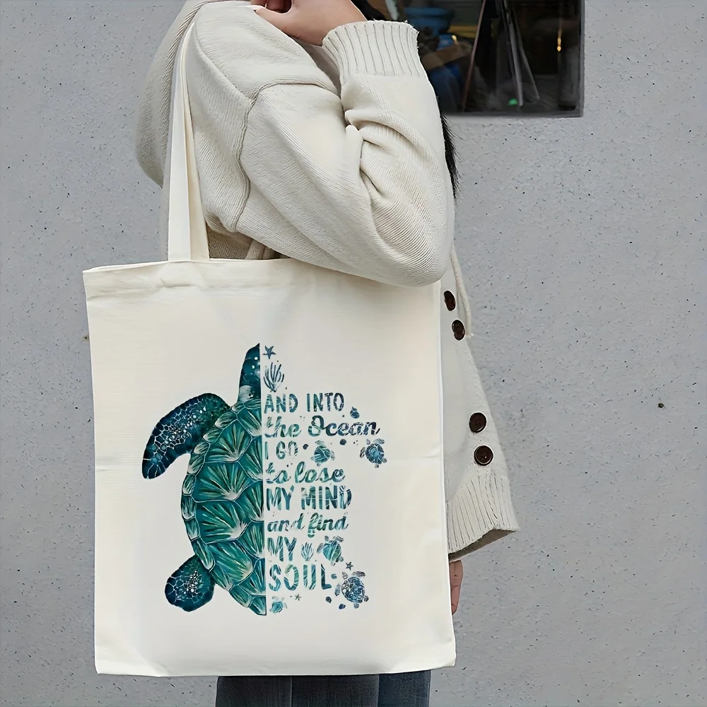 A Turtle Shell Art and Inspirational Quotes printed canvas tote bag, suitable for daily use, shopping, school, and travel