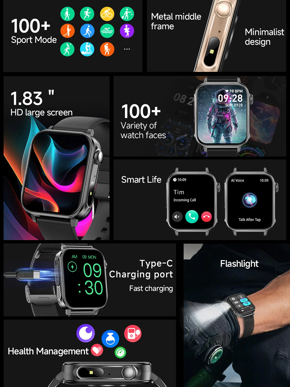 Fashion Smartwatch 1.83 Inch Screen Bluetooth Call 100+ Sport Modes Waterproof Smartwatch Health Management for Men Women