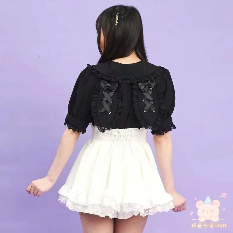 Japanse Mijn Stijl In massa geproduceerde Zoete Veelzijdige Lolita Blouse Schattig Konijn Oor Marine Kraag Boog Korte mouwen Tops Dames Shirts