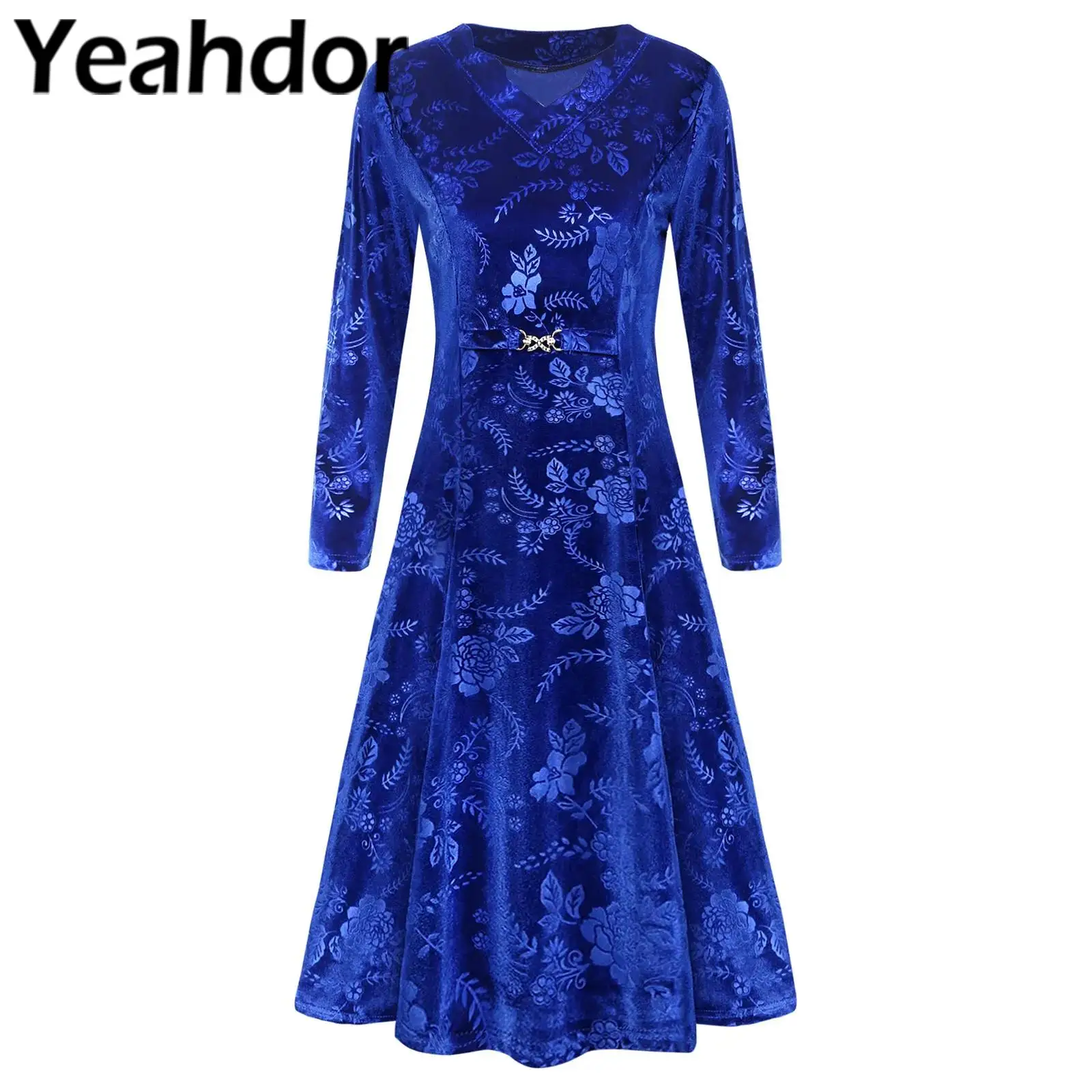 Women's Dress Elegant Long Sleeve V-neck Velvet Floral Dress for Bridesmaid Formal Wedding Party Ball Banquet Vestido De Fiesta