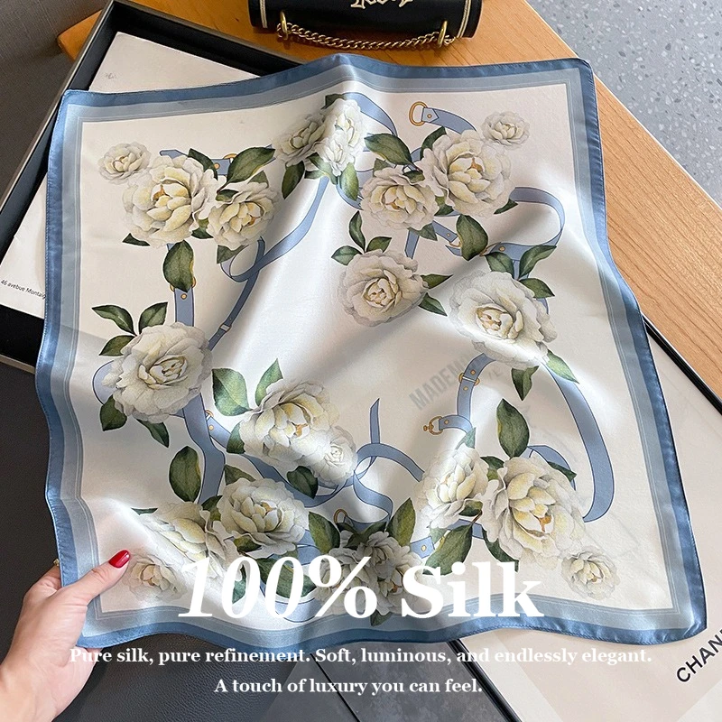 

Elegant 100% Pure Silk Scarf Women 53cm Square Head Scarf Luxury Design Hair Bandana Small Neck Scarf Foulard Female Hijab Wrap