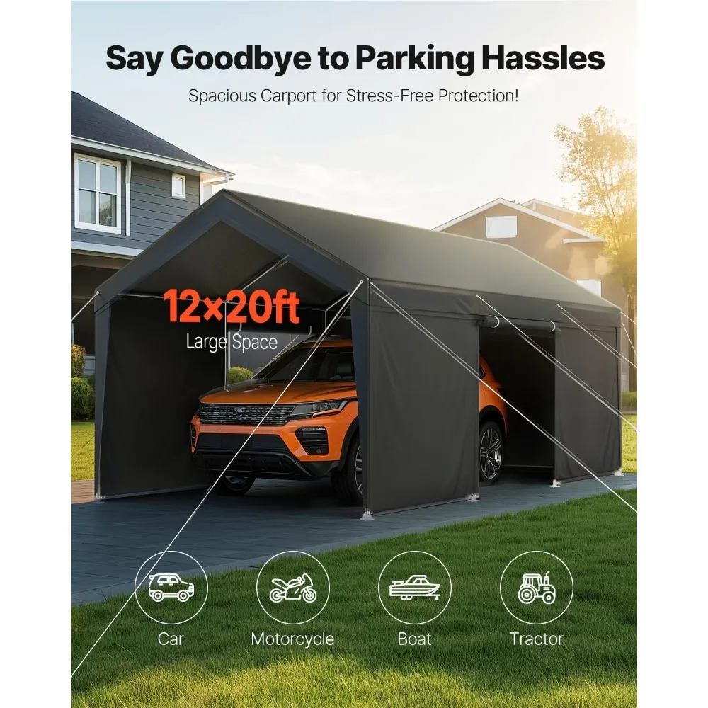 12x20 FT Heavy Duty Carport, Portable Car Canopy with Removable Sidewalls and Door, Outdoor Car Shelter, UV-Resistant, Water-Re