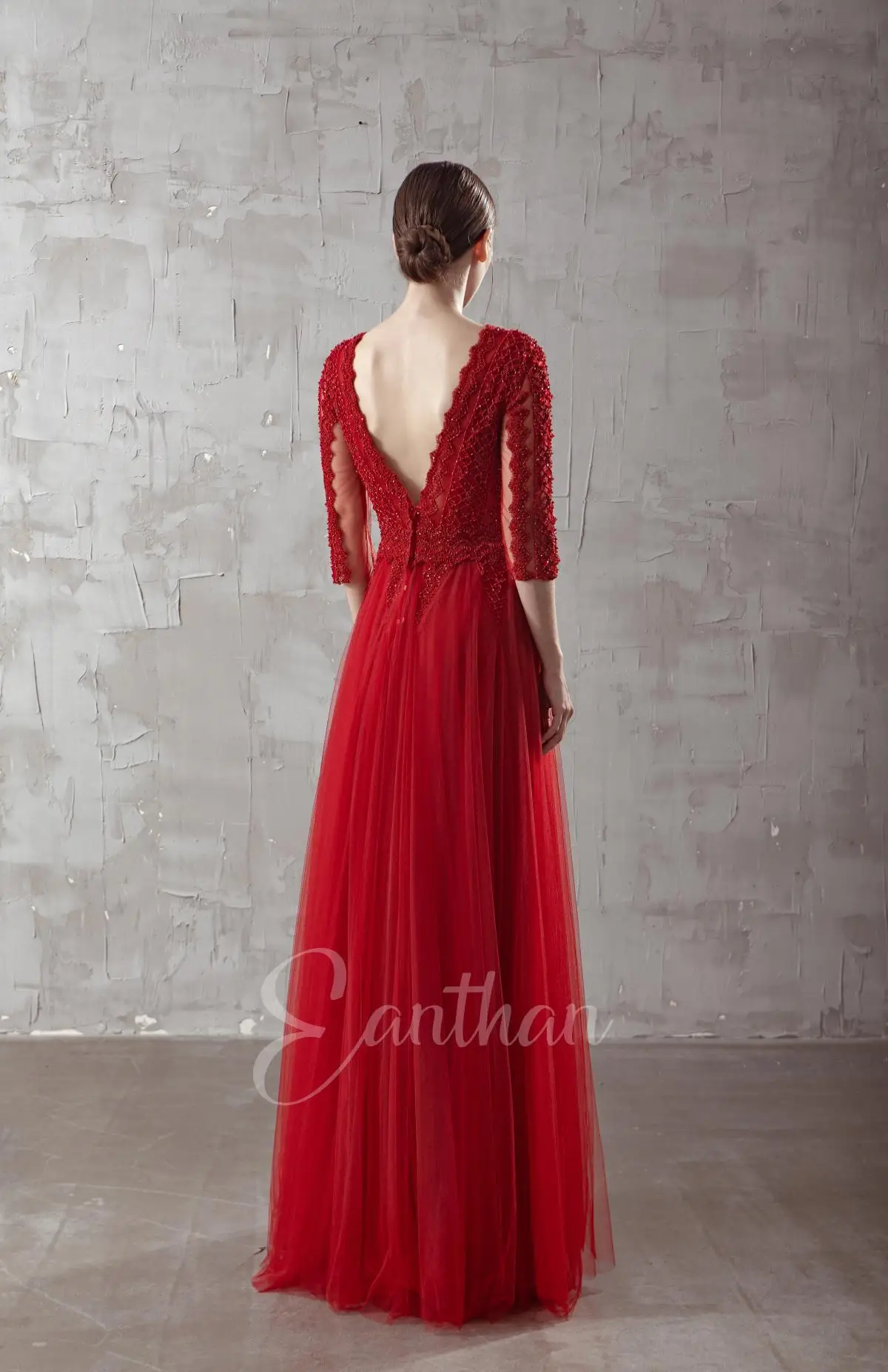 Real Pics-Robe de soirée en dentelle rouge, manches longues, col en V, dos en V, perles à la main, robe de cocktail, robe de soirée éducative, quelle que soit la longue