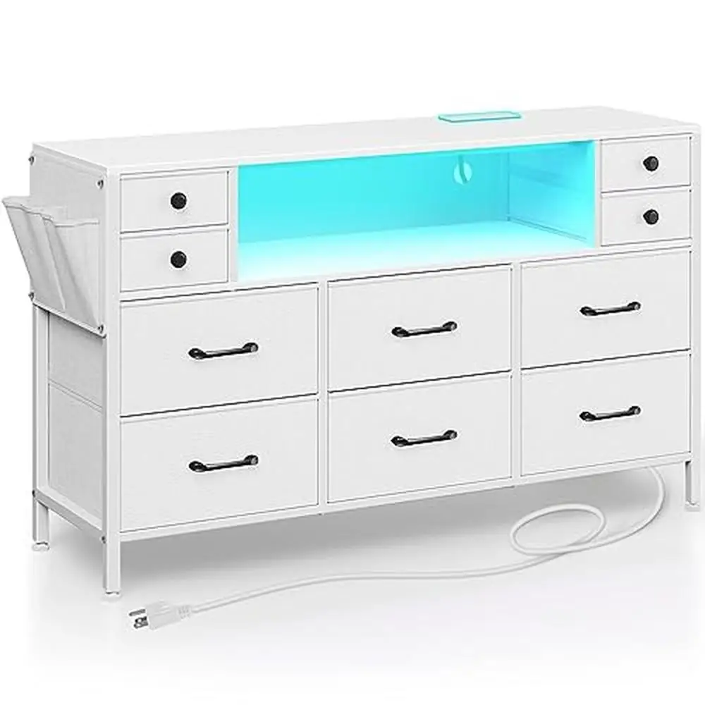 

Fabric 10 Drawers Dresser with LED Lights and Power Outlets Side Pocket 47.2" L x 11.8" W x 28.3" H DIY Colors TV Stand Storage