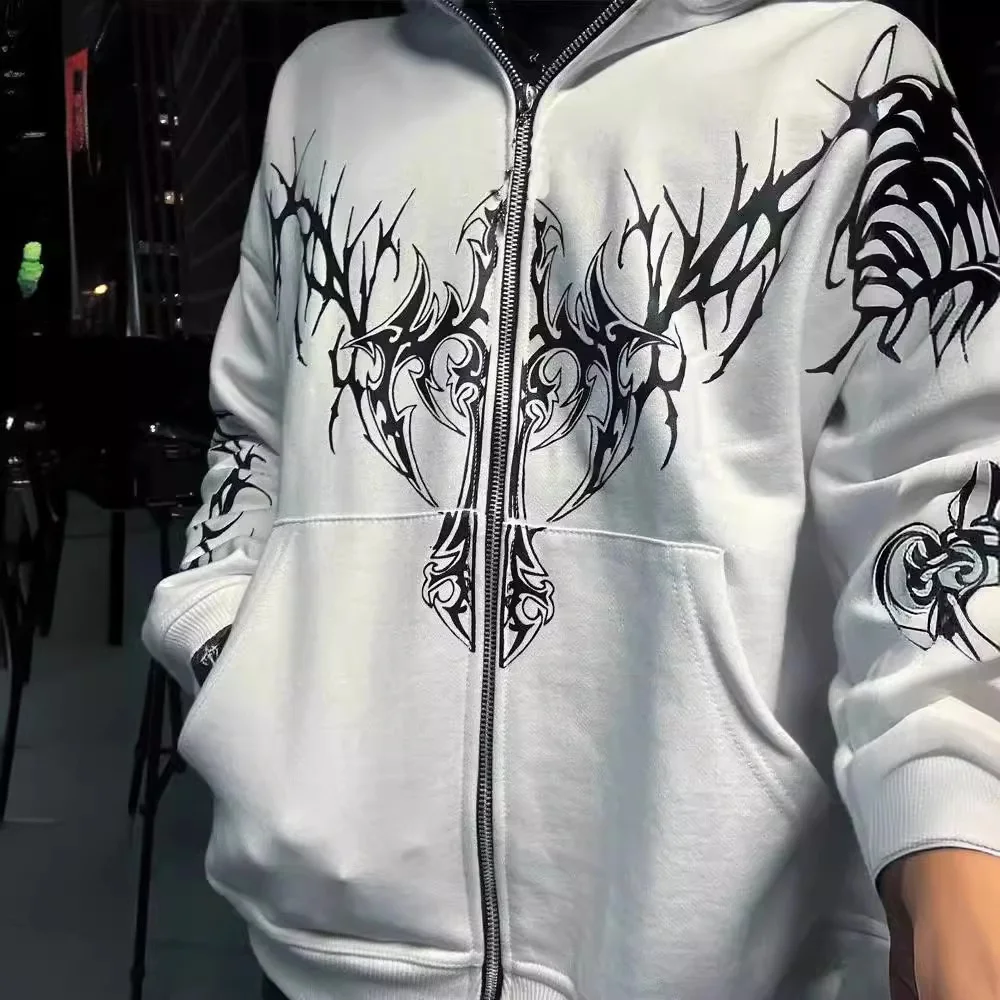 Bluza z kapturem Halloween Y2K Harajuku Street Retro Luźna Odzież Sportowa Gotycki Rozpinany Sweter Długi Rękaw Regularny Krój Damski P...