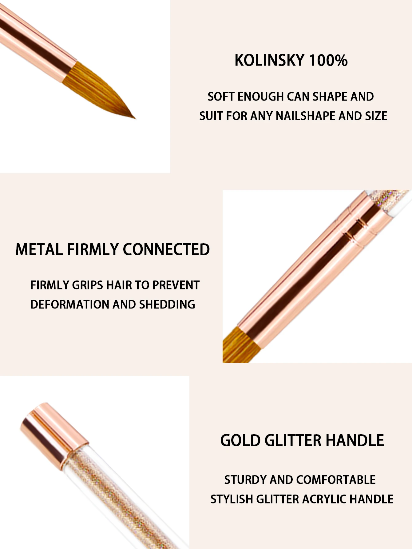 Olasalon 100% 퓨어 콜린스키 헤어 아크릴 네일 브러쉬, 아크릴 파우더 네일 아트, 타원형 컬링 클리어 골든 글리터 파우더 Ne