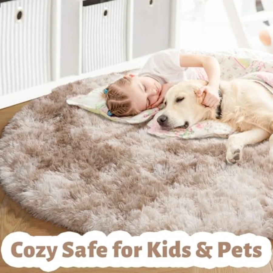 TieDyed Beige Tan Round Area Rug 4Ft for Bedroom Fluffy Plush Shag Furry Circle Rugs for Room Living Room Decor Aesthetic Cute