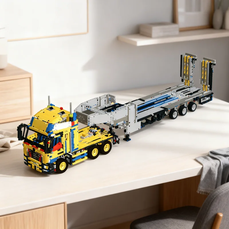 

3927 деталей MOC: Техническая модель грузовика-тягача с низкорамным прицепом 2.0. Конструктор для творчества, подарок, декор для витрины. Премиум-качество.