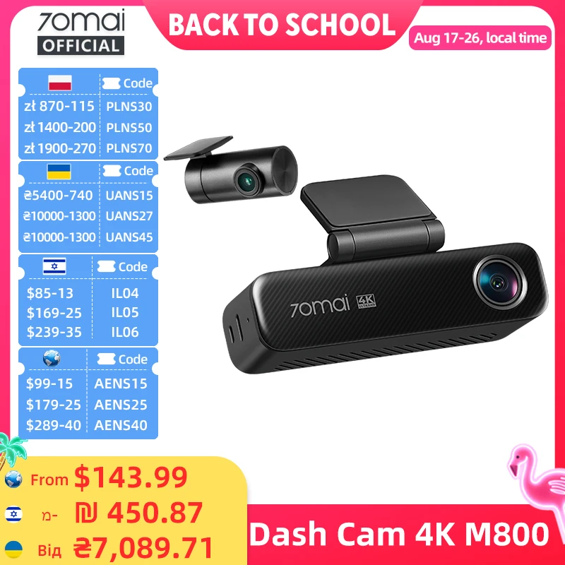 70mai Dash Cam 4K M800 eMMC 128GB HDR Integriertes GPS ADAS 24H Parkmonitor LTE 4G Kompatible Sprachsteuerung Auto DVR 70mai M800