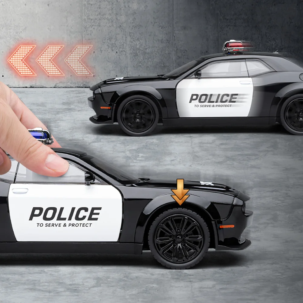 1:22 Alloy Diecast Challenger SRT Hellcat Police Cars Model Toys Demon Eyes 4 Doors Opened with Sound Light Toy Vehicle for Boys