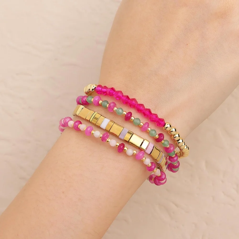

5PCS Boho Semi-Precious Stone Copper Beaded Stretch Bracelets for Women Girls, Colorful Layered Stackable Tile Jewelry Set