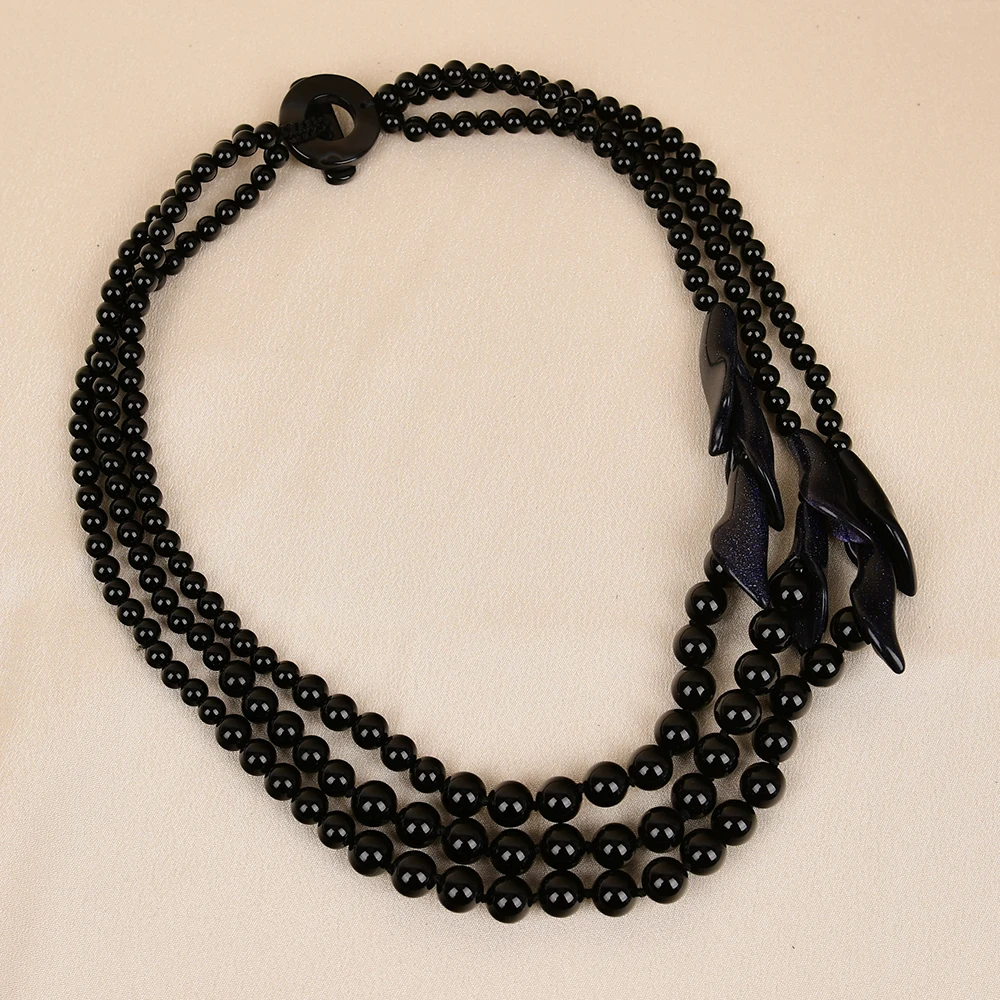 APDGG NO136 Handmade 3 Rows Natural Mix Stone Black Onyx Blue Crystal Gems Multi Strands Necklace