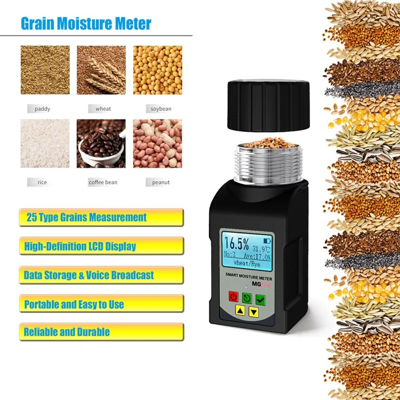 FULL-5-In-1 Portable Grain Moisture Meter, 25 Grains,Smart Humidity Tester For Wheat Bean Peanut Moisture Detector, MG-Pro