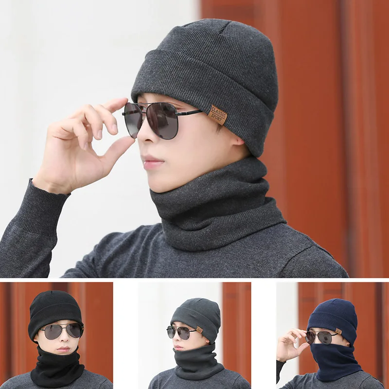 2023 Autumn Winter Keep Warm Male Cap Scarf Outdoor Windproof Men Casual Fluff Two Piece Set Cold Protection Knitted