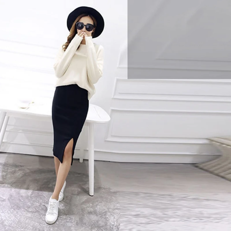 Women Casual Split Pencil Skirt Calf-Length Slim Fit Sexy Ladies' Solid Skirts Cotton Elegant All-Match Hight-Waist