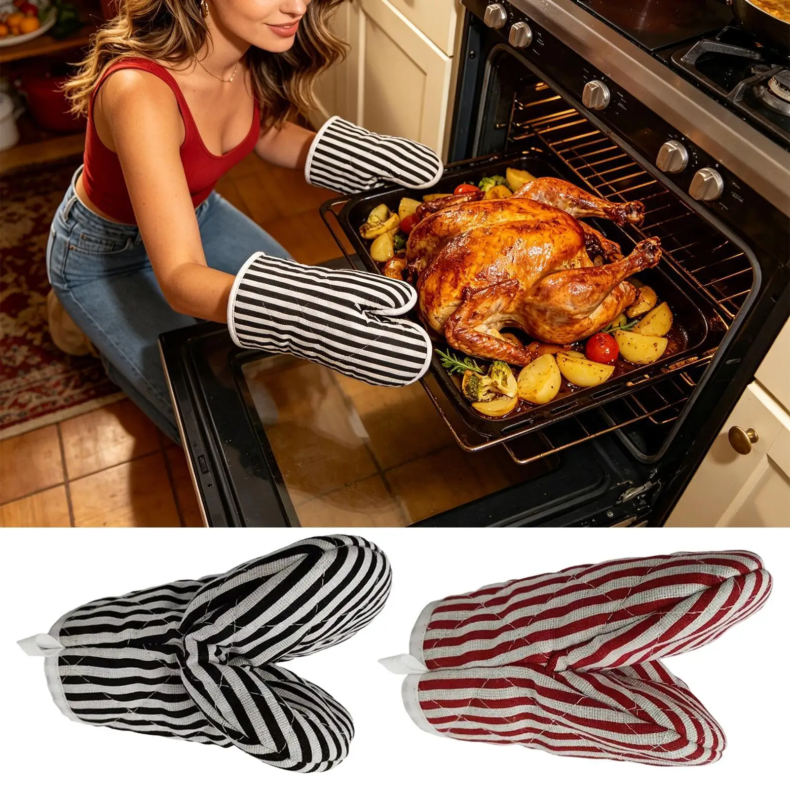 Oven Mitts Heat Resistant Striped Microwave Kitchen Gloves Cooking Mitts for Home Apartment Restaurant Gatherings BBQ Grill