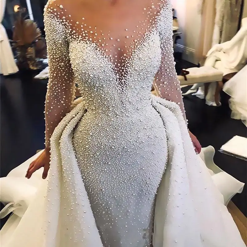 

Luxury Mermaid Wedding Dresses Detachable Train Full Pearl Beaded Long Sleeves Saudi Arabic Plus Size Bride