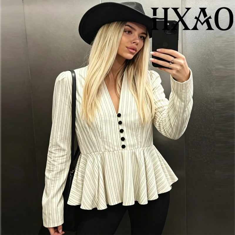

HXAO Peplum Ruffled Blazer Woman 2026 Pleats Long Sleeve Top Striped Blazer Women's Jacket Office Wear Button Business Suit Coat