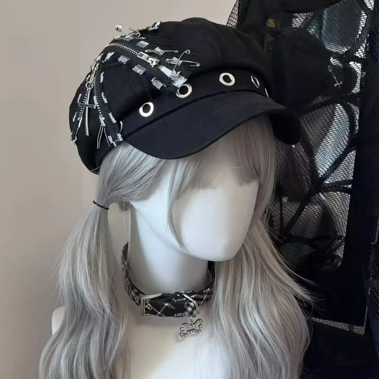 Dark Alt Aesthetic Red Black Plaid Decorative Newsboy Cap Metal Cross Charm Eyelet Safety Pin Chain Detail onal Beret Street Hat
