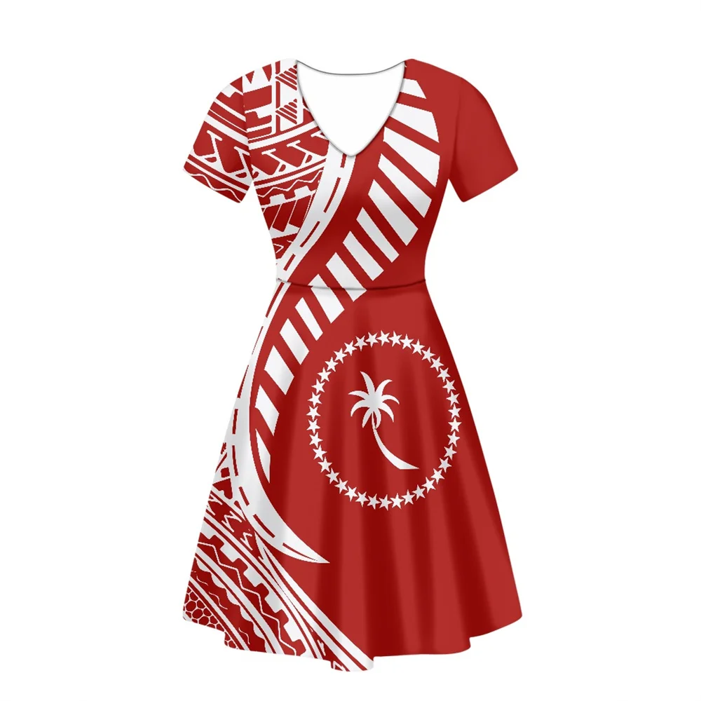 POD Summer 2023 Polynesian Tribal Clothing Samoa Chuuk Islander Print Women Dress V-neck Night Party Elegant Casual Dresses