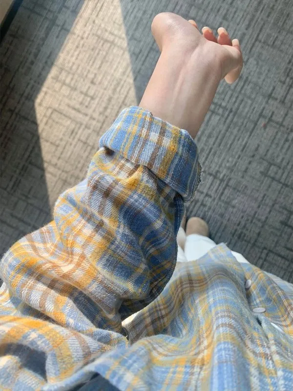Retro Korean Yellow Blue Plaid Long Sleeve Women's Shirt American Style Fuzzy Coat Couple Shirt Loose Fit Polyester 2026 Autumn