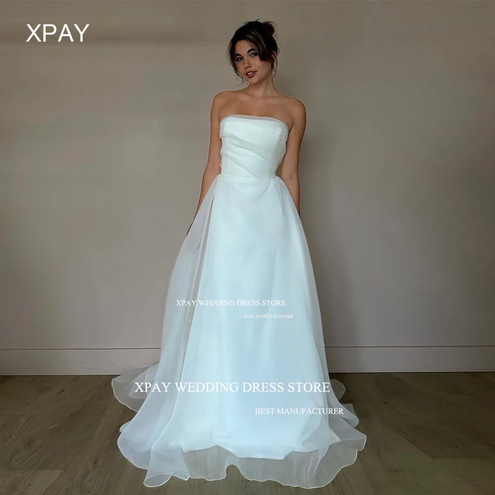 XPAY putri gaun pernikahan tanpa tali Organza A Line gaun pengantin terbungkus punggung terbuka tanpa lengan panjang lantai gaun pengantin kustom