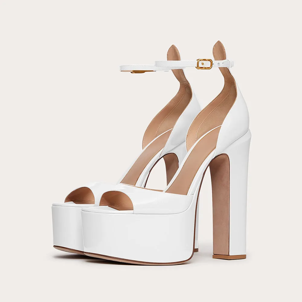 

Arden Furtado Summer 2024 White Round toe Waterproof platform Super high heel Open toe chunky heels sandals cover heels big size