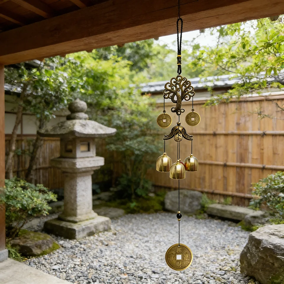 Outdoor Feng Shui Wind Chime with Lucky Tree & Coin Design Zhao Cai Jin Bao Tinkling Brass Bells for Wealth Home Decor