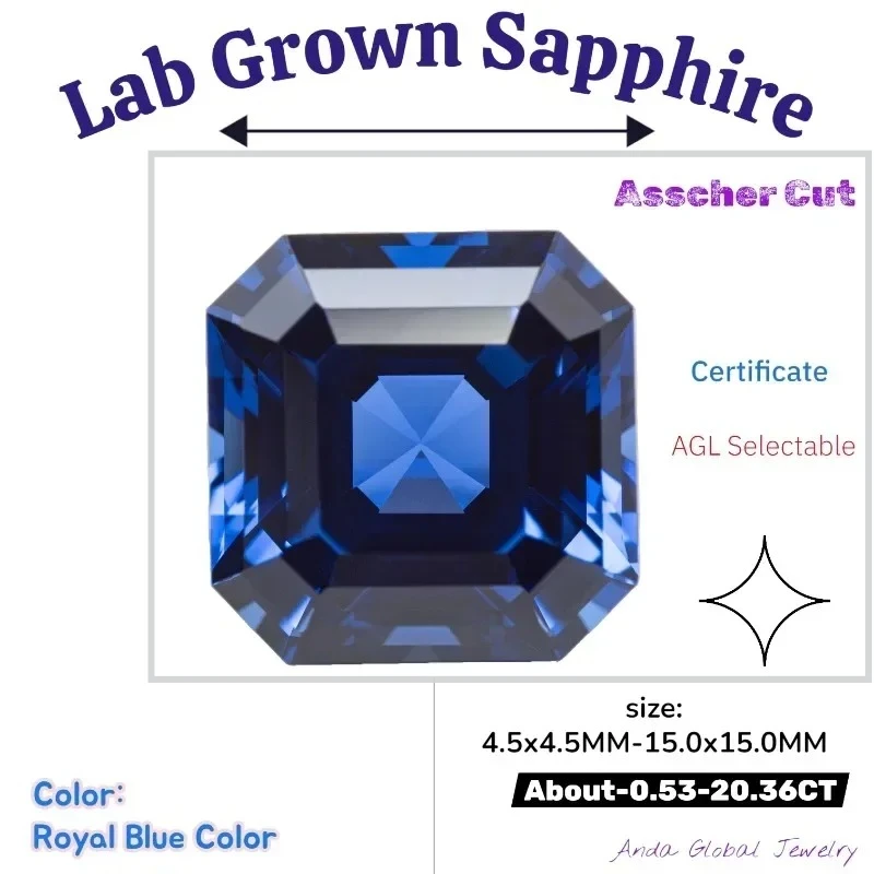 

S-Lab выращенный сапфир RoyalBlueColor Asscher Cut AAA + драгоценные камни для установки ювелирных изделий и индивидуального дизайна Сертификат повседневного соответствия