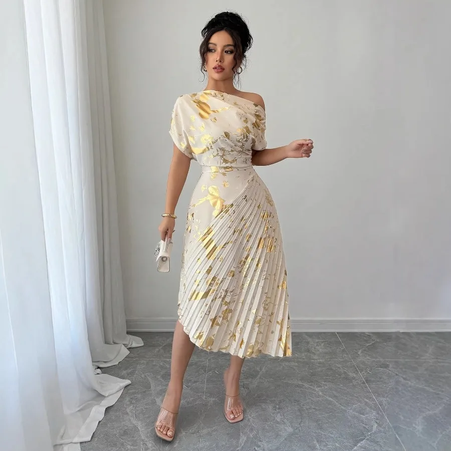 

【New style】Women's wear slanted shoulder dress style bronzing flowers waist asymmetrical pleated medium long dress