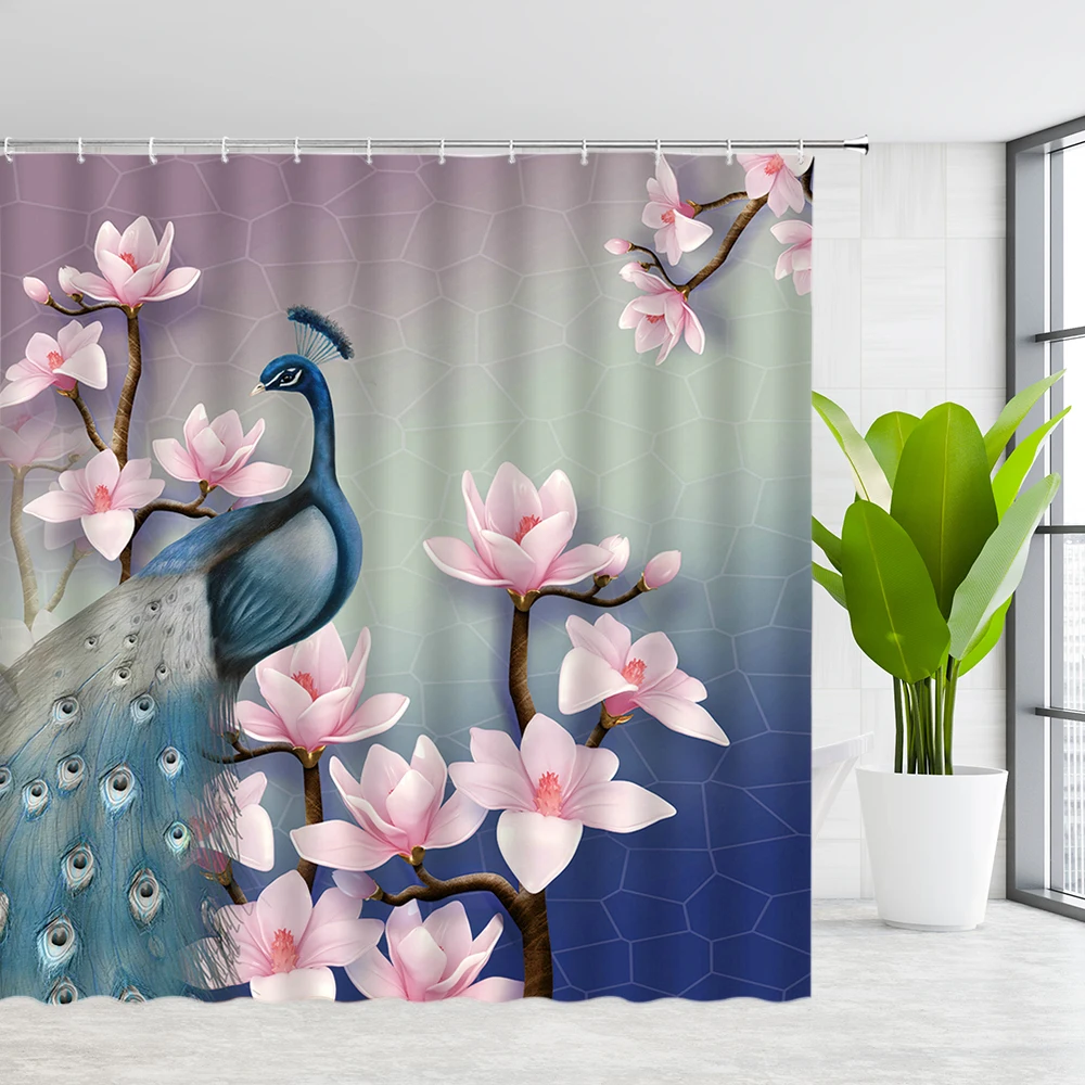 

Blue Peacock Shower Curtain Beautiful Watercolor Bird Flower Peony Pattern Bathroom Decor Bathtub Waterproof Fabric Bath Curtain