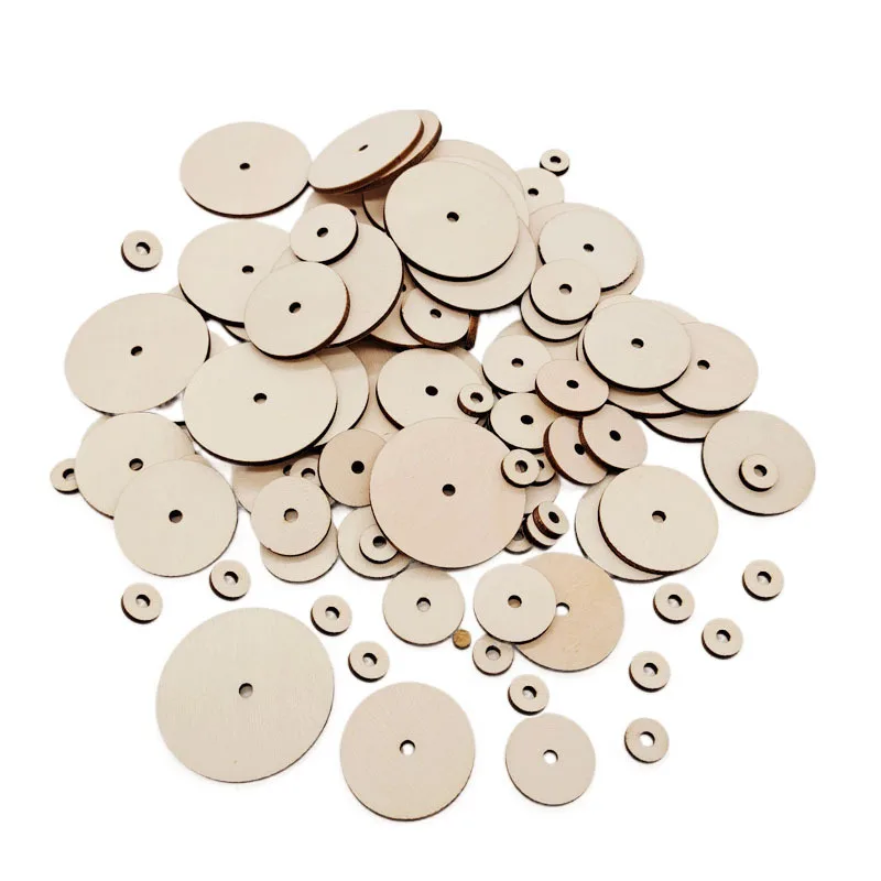 

Unfinished Wood Circles Rounds with Holes, Disc Cutouts, Blank for DIY Crafts, Painting, Toy Car Wheels